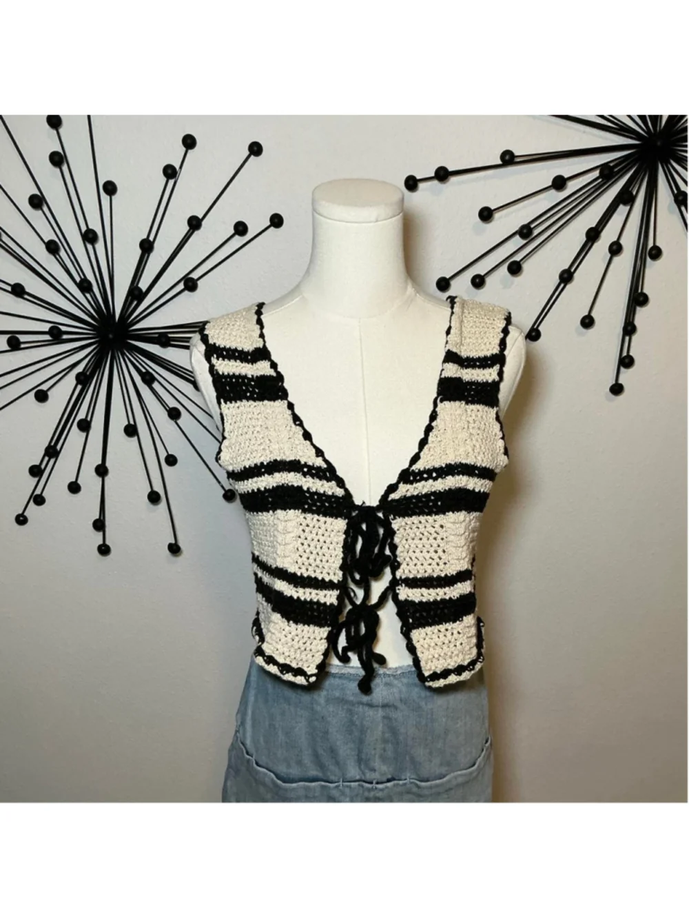 Cotton On Black White Crochet Tie Front Knit Vest XS Boho Festival
